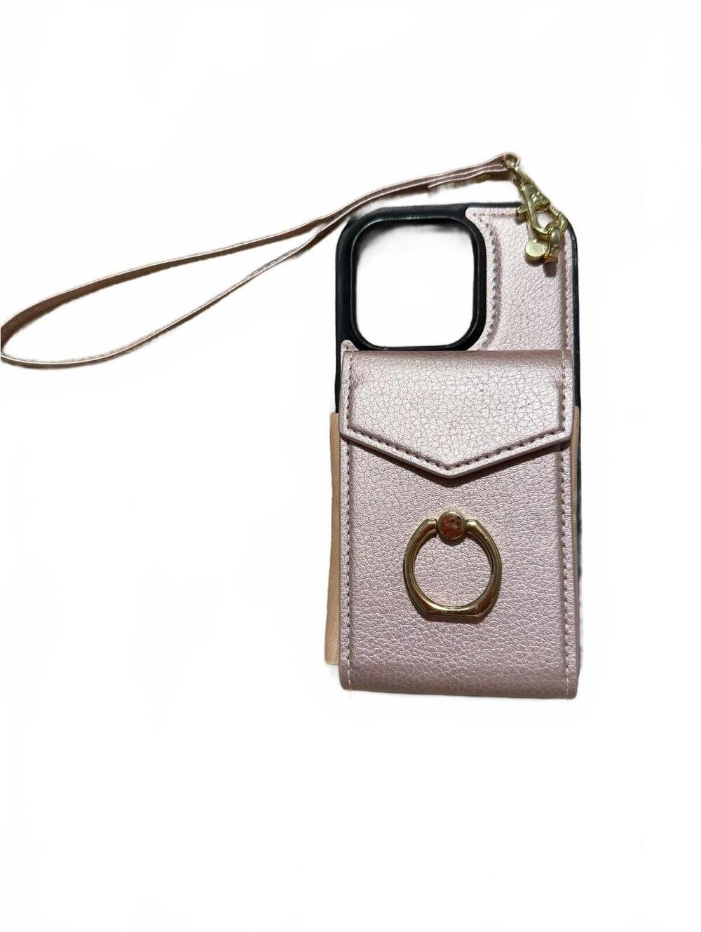 Iphone 16 Pro Pink Faux Leather Phone Case with Wrist Strap and Card Holder